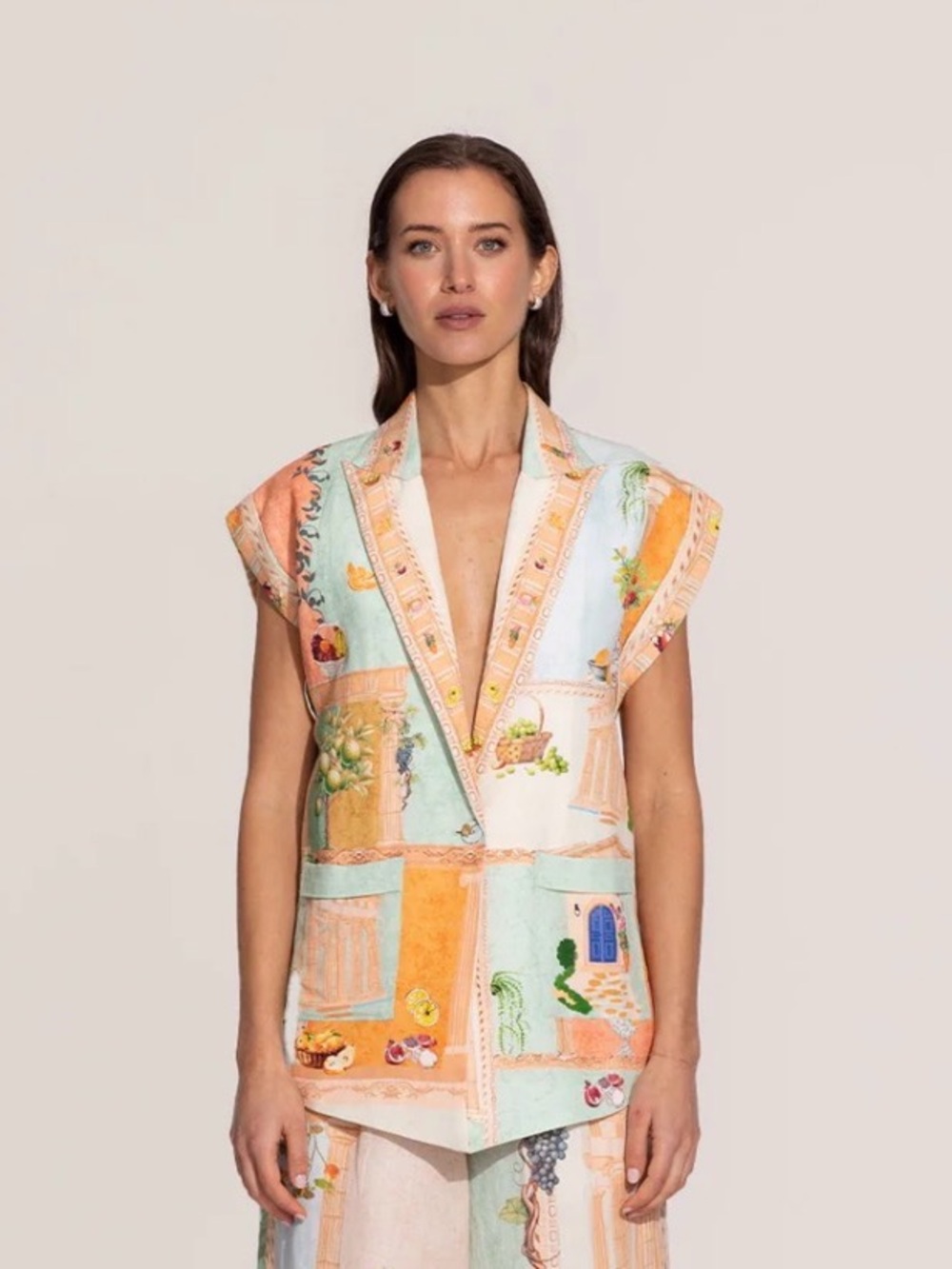 Ranna Gill Pastel Orange & Mint Printed Sleeveless Blazer